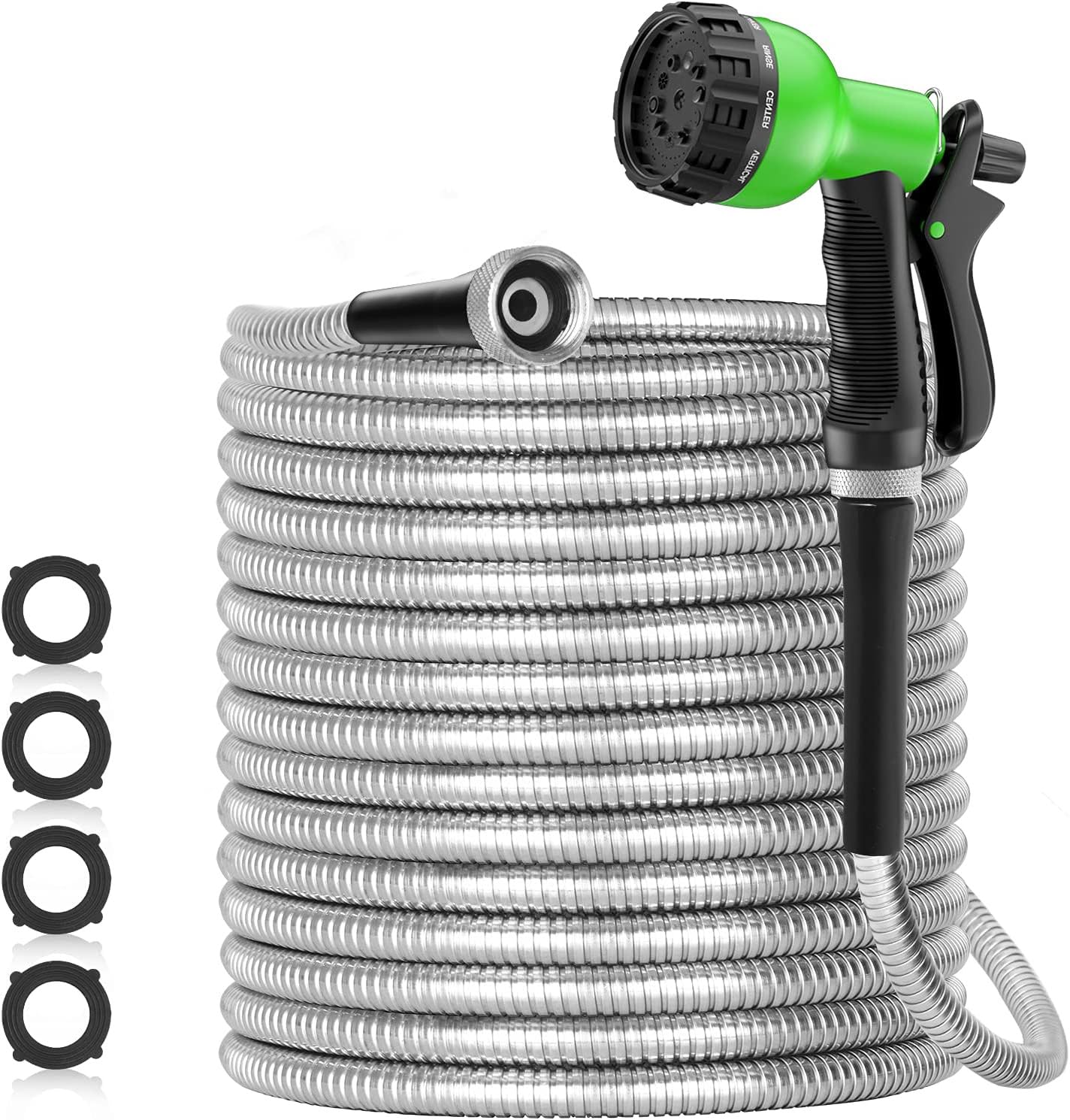 SPECILITE 150ft stainless-steel garden hose demonstrates lasting durability for yard watering.