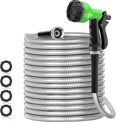 SPECILITE 150ft stainless-steel garden hose demonstrates lasting durability for yard watering.