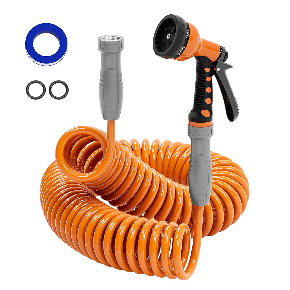 SPECILITE 50 ft coil hose retracts for space-saving storage and quick watering.