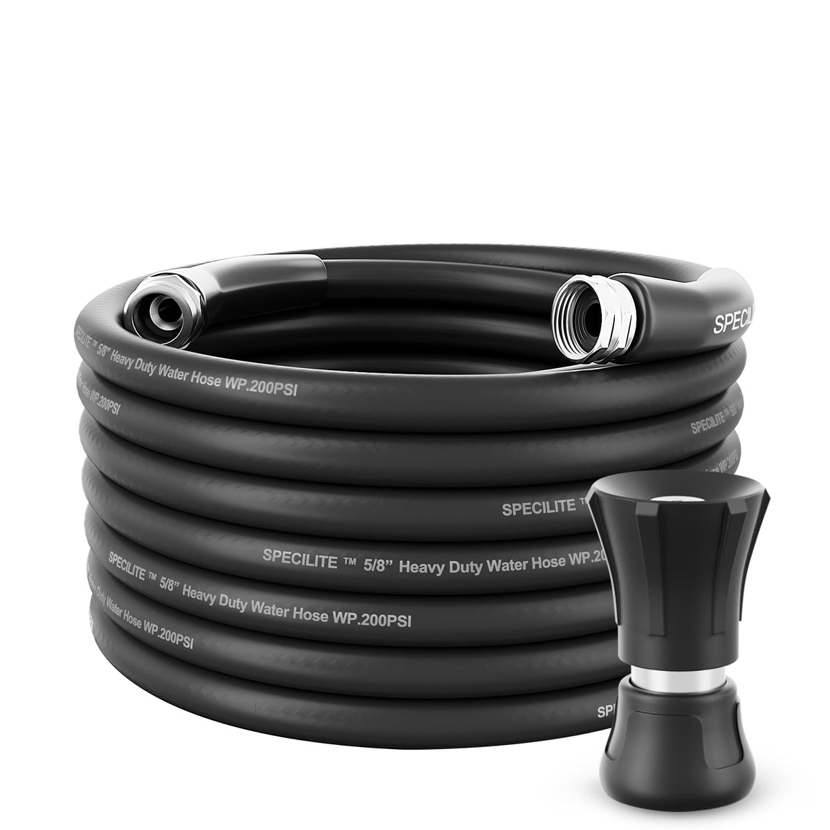Specilite 50ft black garden hose ready for easy yard watering tasks.