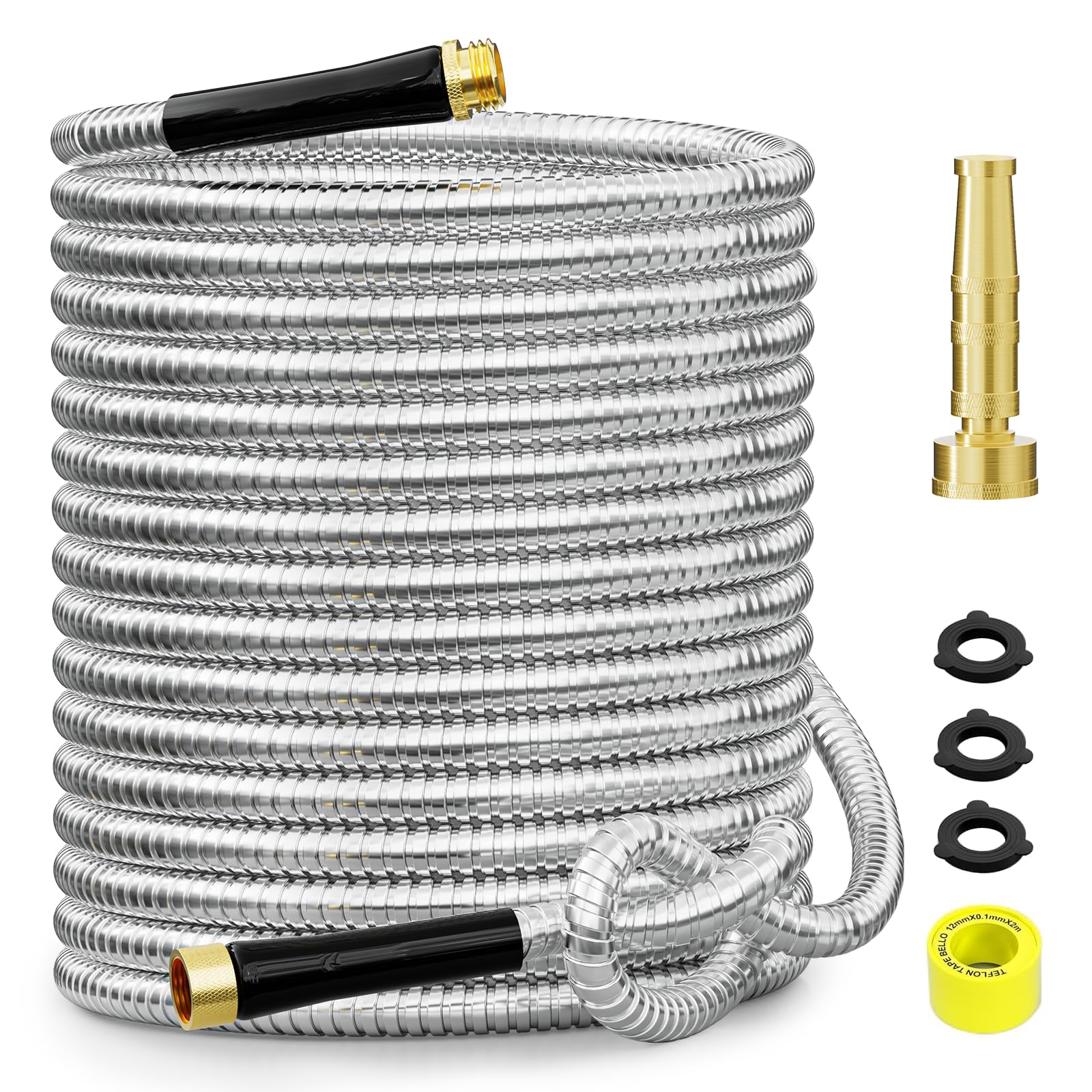 SPECILITE 50 ft stainless steel garden hose outer shell showing rust-resistant metal design