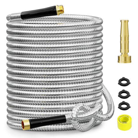 SPECILITE 50 ft stainless steel garden hose outer shell showing rust-resistant metal design