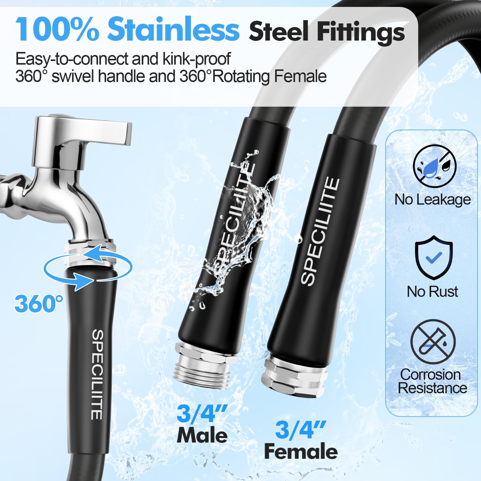 Specilite flexible rubber hose shown bending easily around plants and corners.