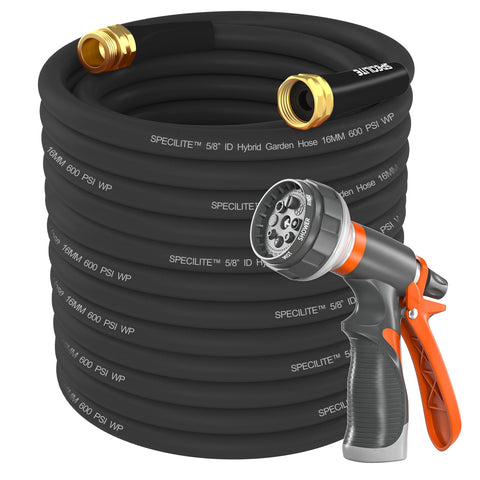SPECILITE garden hose 200ft coil for easy storage and long reach.