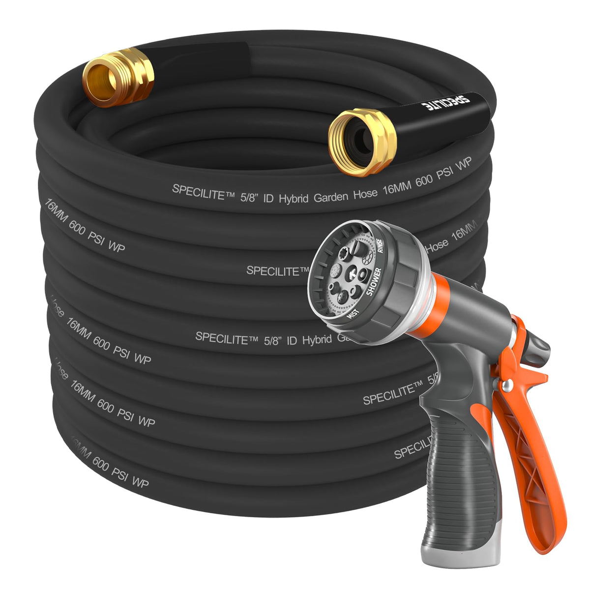 Specilite garden hose 50ft 5/8in long, ideal for reaching plants and vehicles.