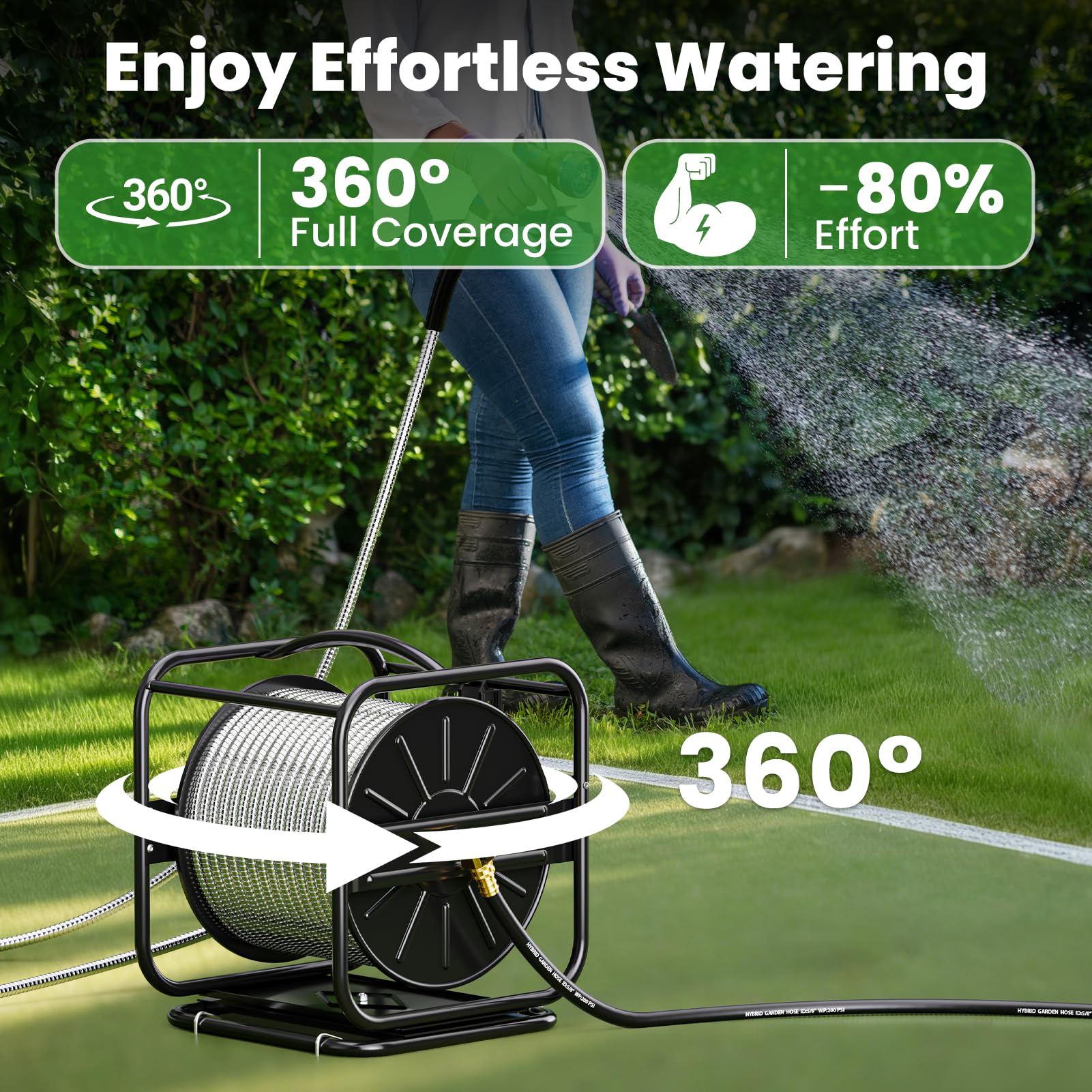 Specilite hose reel wider-base stability supports wobble-free operation while watering