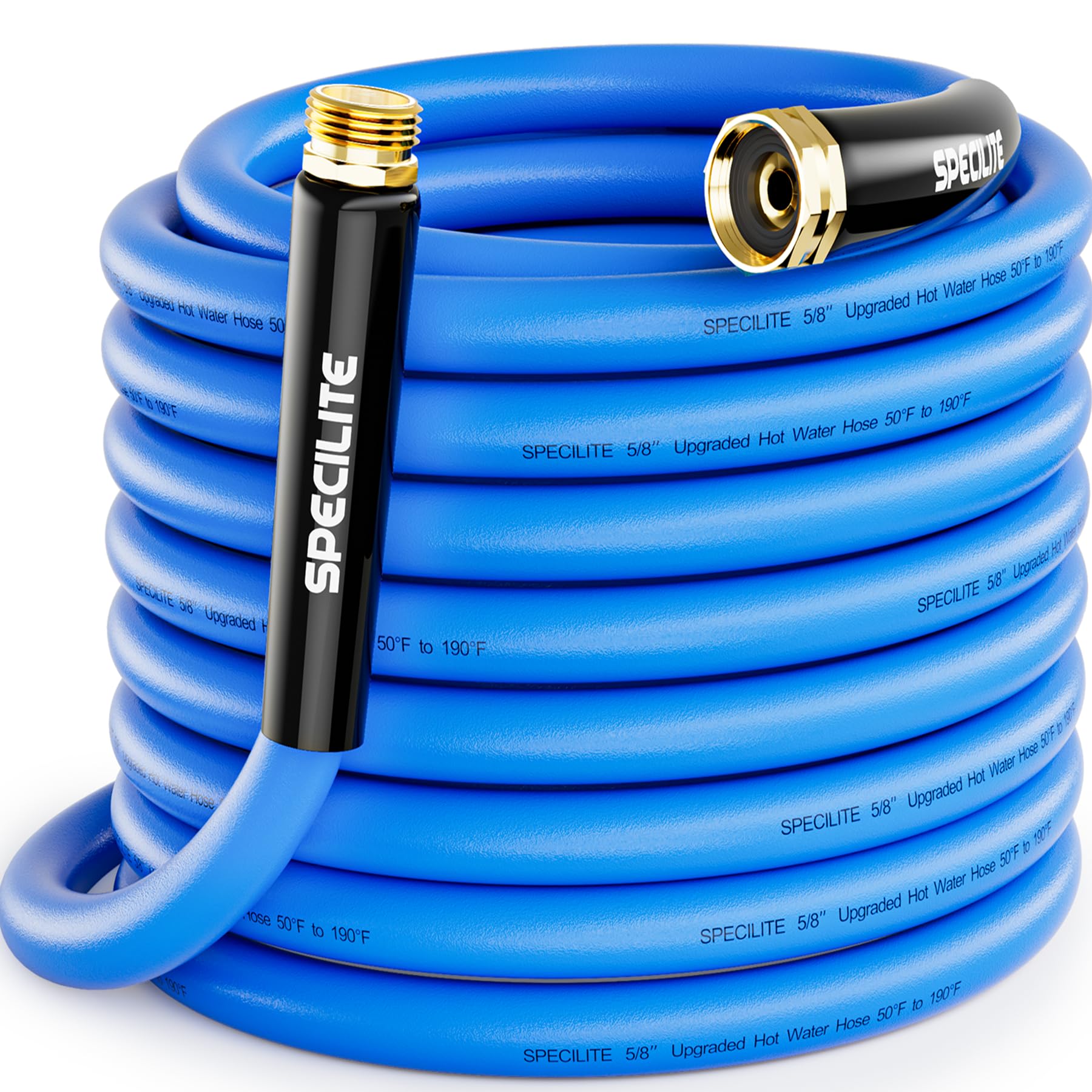 SPECILITE hose 50ft blue exterior view highlights durable watering in all seasons.