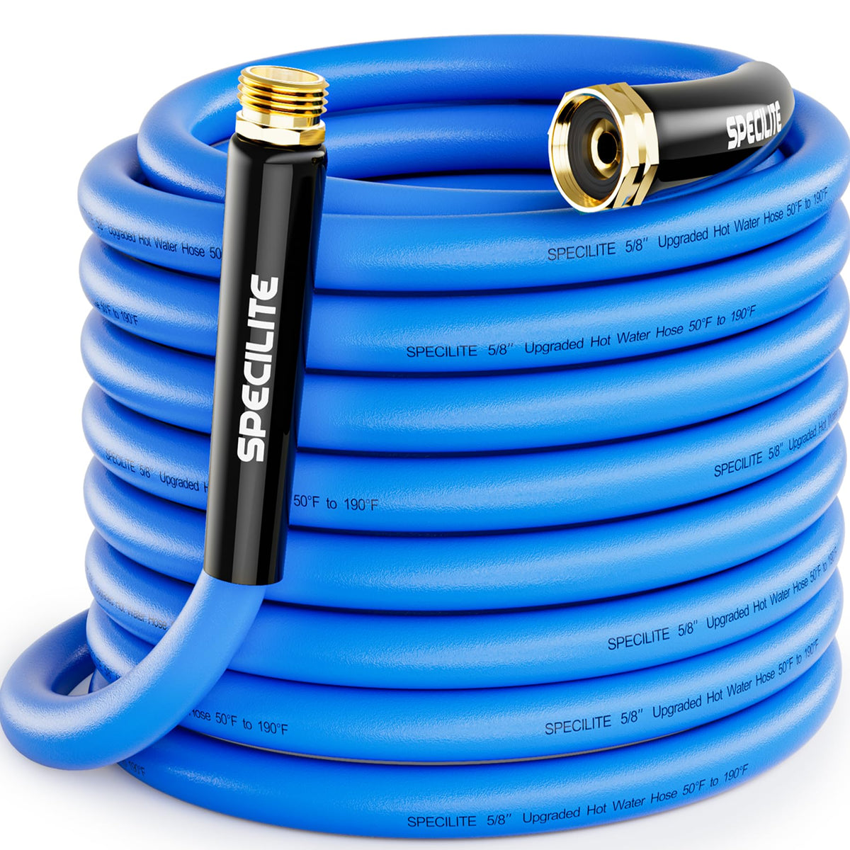 SPECILITE hose 50ft blue exterior view highlights durable watering in all seasons.
