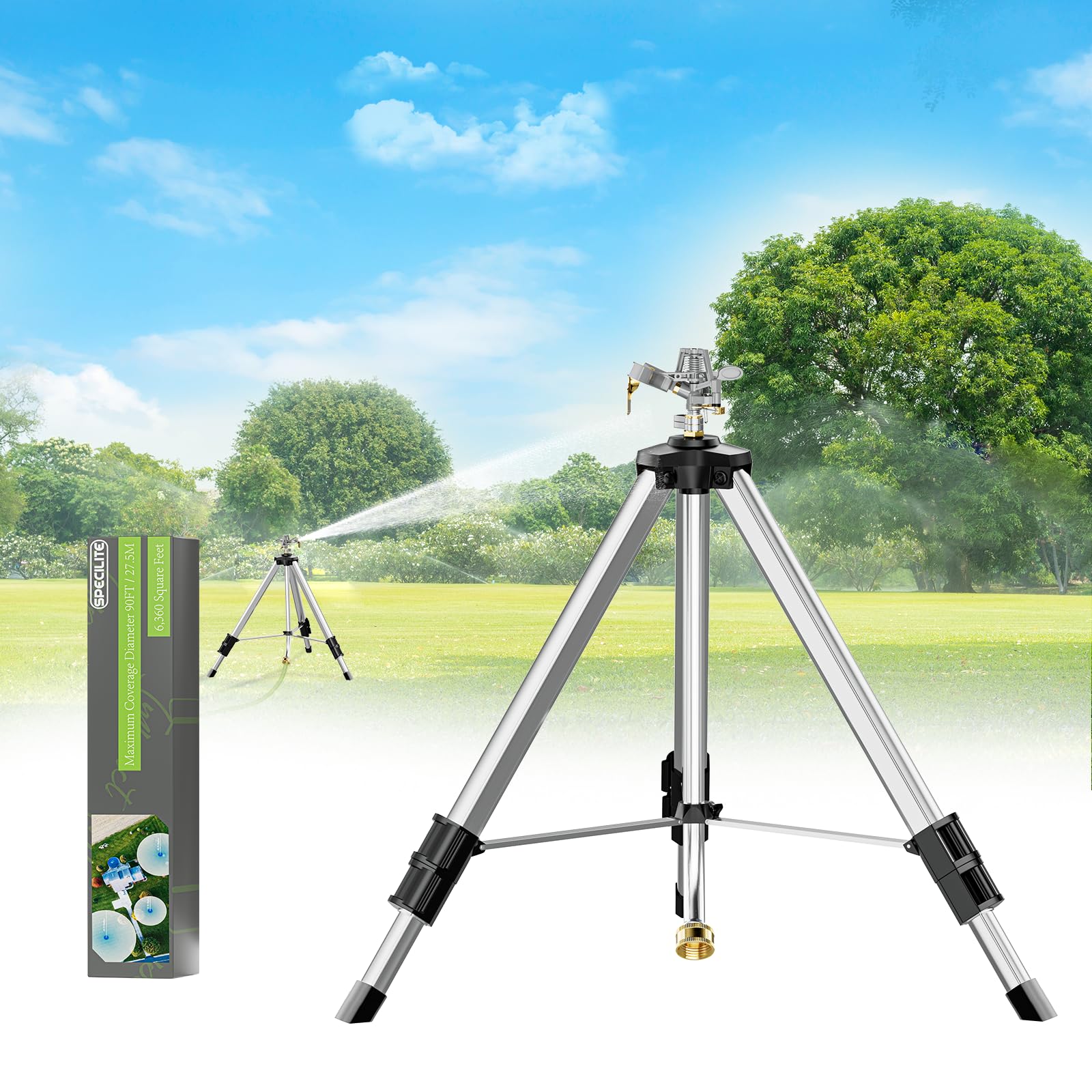 SPECILITE tripod sprinkler setup demonstrates quick height adjustment for extended reach.