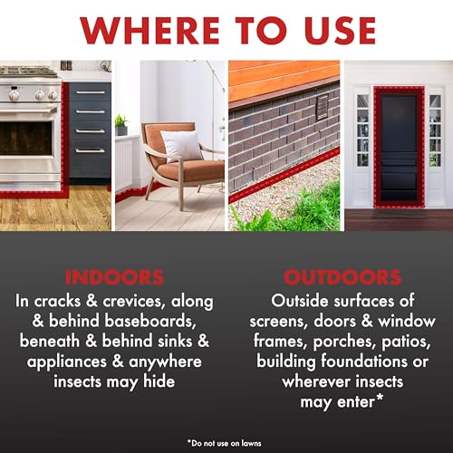 Spectracide Ant Shield indoor application shown along baseboards and behind appliances.