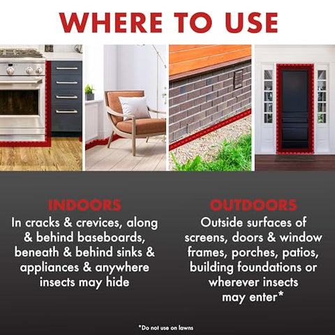 Spectracide Ant Shield indoor application shown along baseboards and behind appliances.