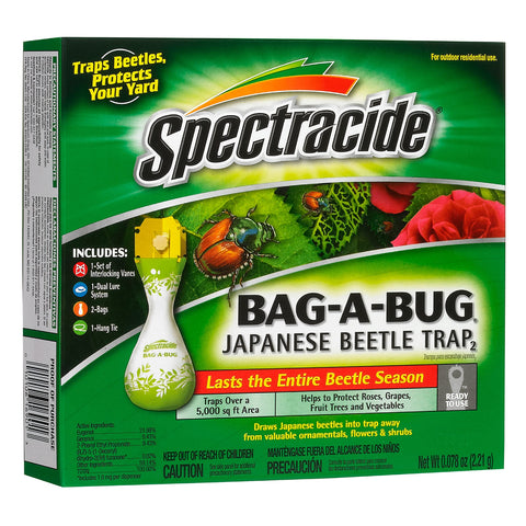 Spectracide Bag-A-Bug Trap 2 captures Japanese beetles, helping protect flowers and shrubs