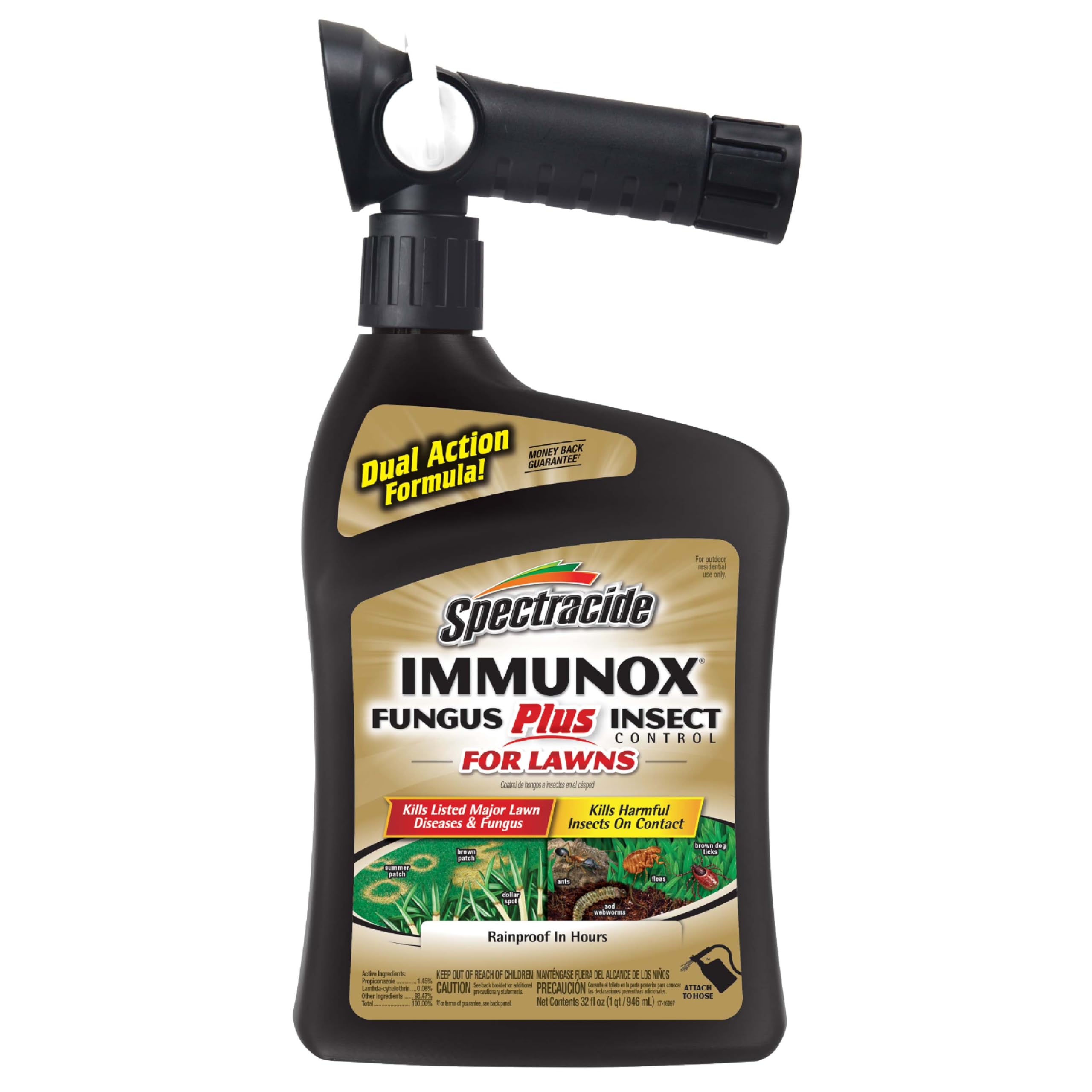 Spectracide Immunox bottle with hose-end sprayer demonstrates dual-action lawn disease and insect control.