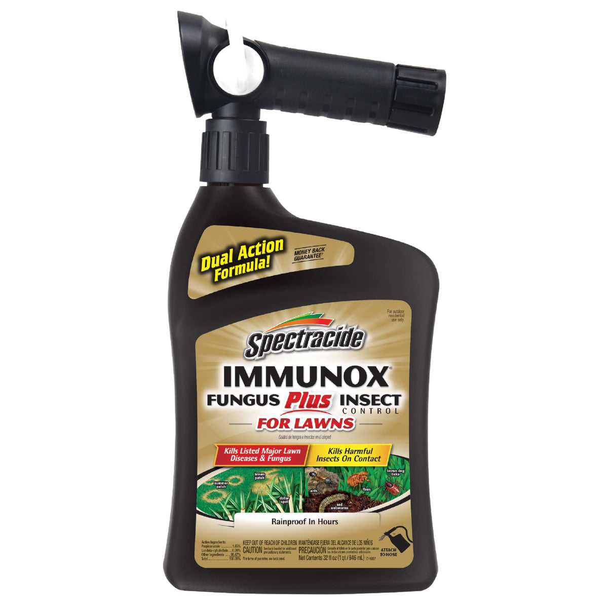 Spectracide Immunox bottle with hose-end sprayer demonstrates dual-action lawn disease and insect control.