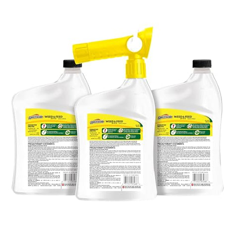 Label and safety icons on Spectracide Weed & Feed bottle guide proper use.