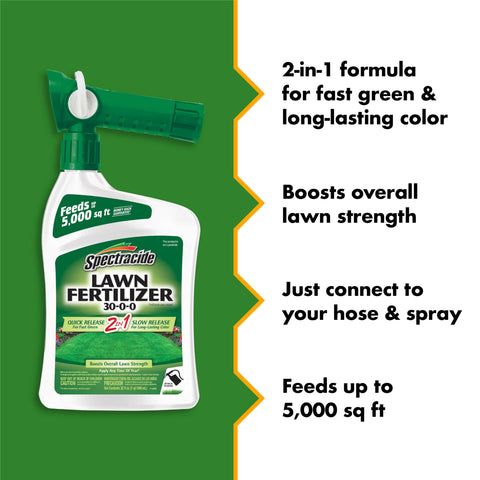 Spectracide 30-0-0 fertilizer covers up to 5,000 sq ft for home lawns.