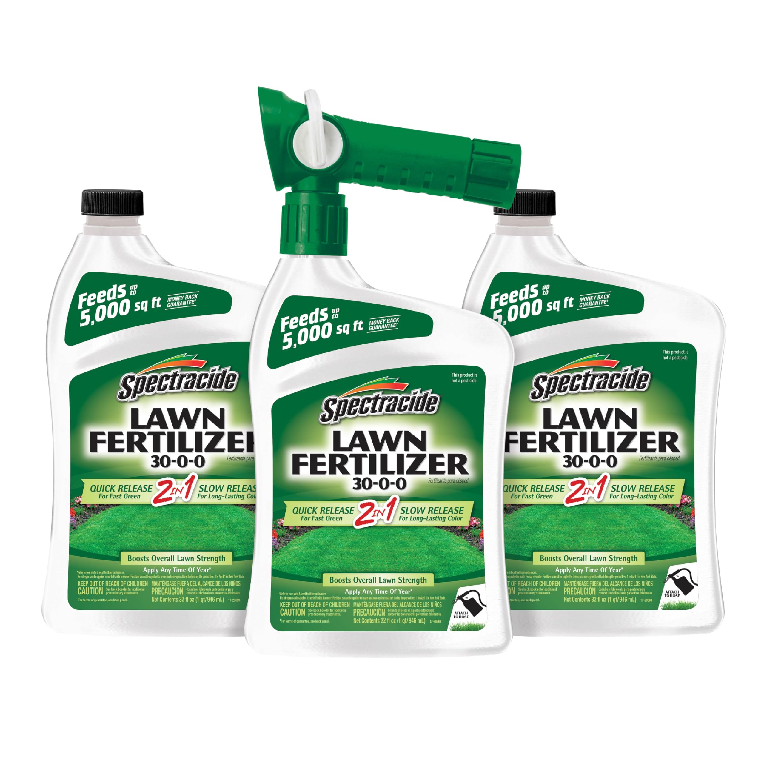 Spectracide Lawn Fertilizer 30-0-0 with QuickFlip sprayer for fast, even lawn feeding.