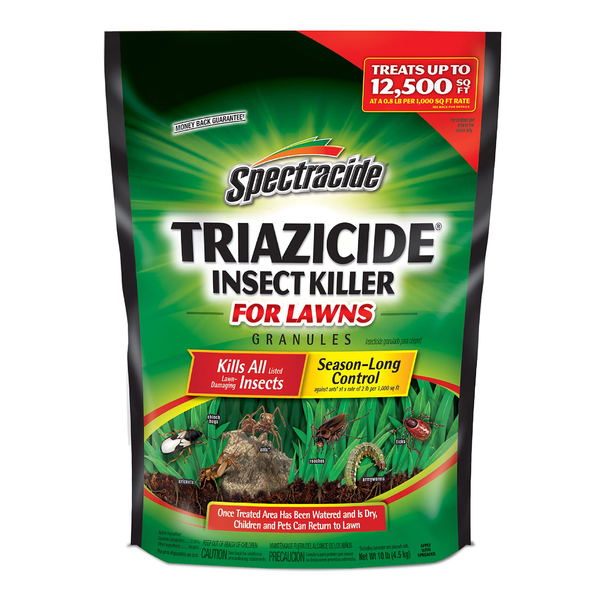 Spectracide Triazicide 10 lb lawn bag part of a four-pack for outdoor pest control