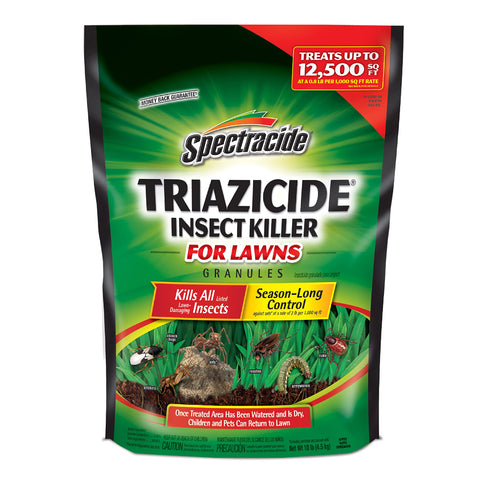 Spectracide Triazicide 10 lb lawn bag part of a four-pack for outdoor pest control