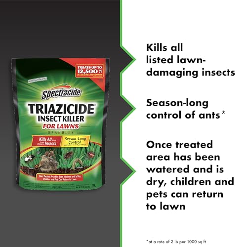 Granules being evenly spread on a lawn for pest protection with Spectracide Triazicide