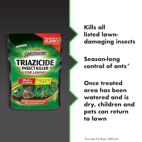Granules being evenly spread on a lawn for pest protection with Spectracide Triazicide