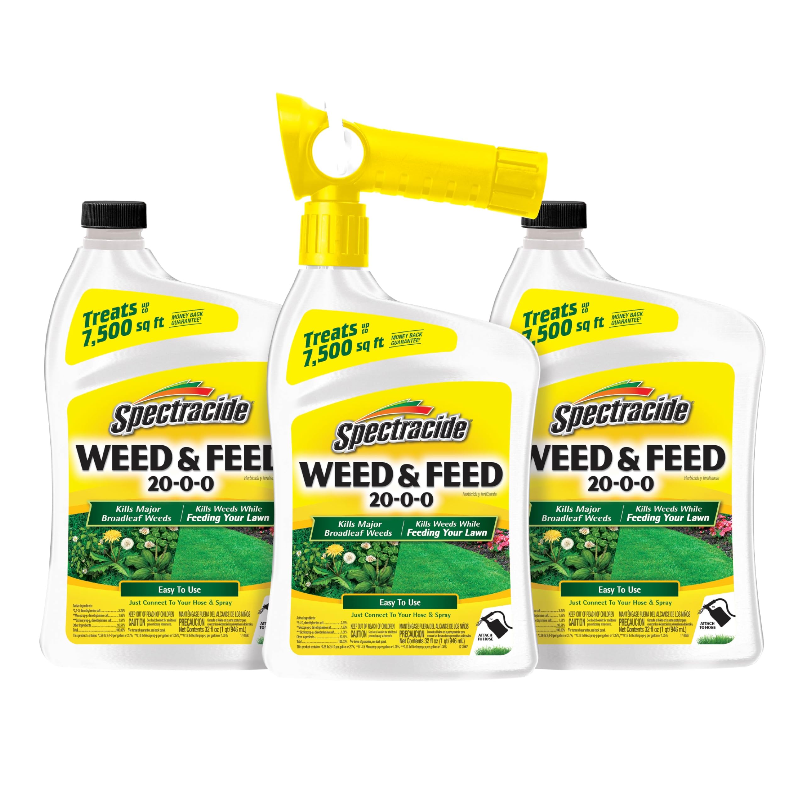 Spectracide Weed & Feed 20-0-0 bottle with QuickFlip sprayer ready for lawn treatment.