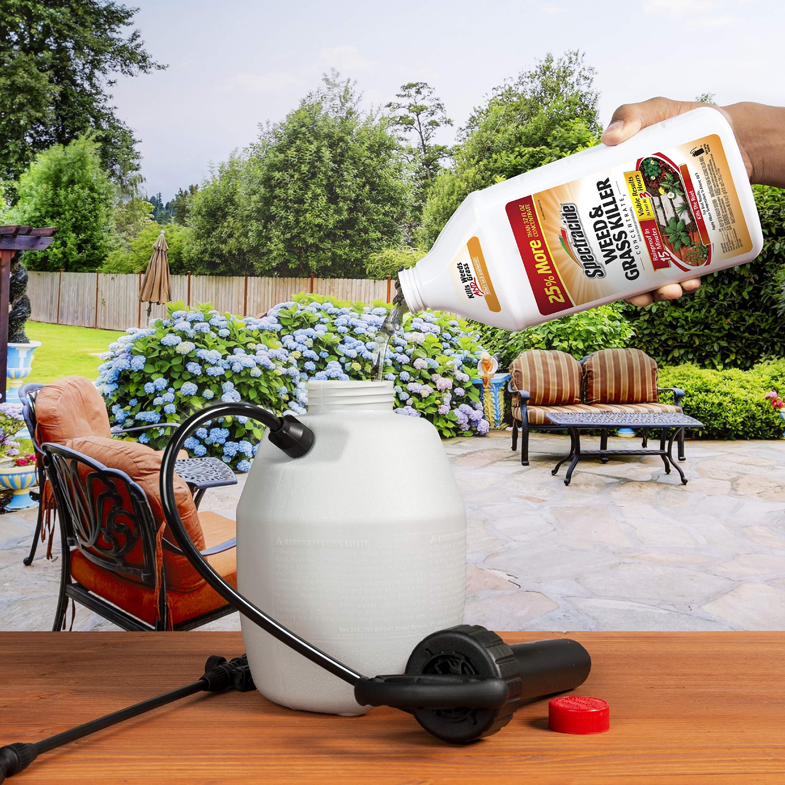 Spectracide Weed Killer Concentrate 40oz being applied on patio to target weeds.
