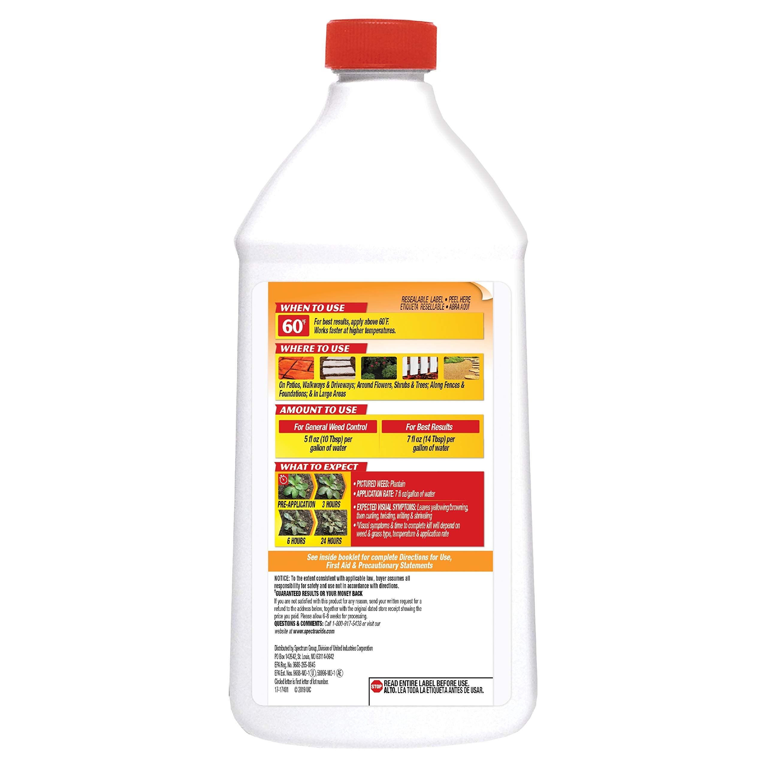 Spectracide Weed Killer Concentrate 40oz pack on shelf, ready for use.
