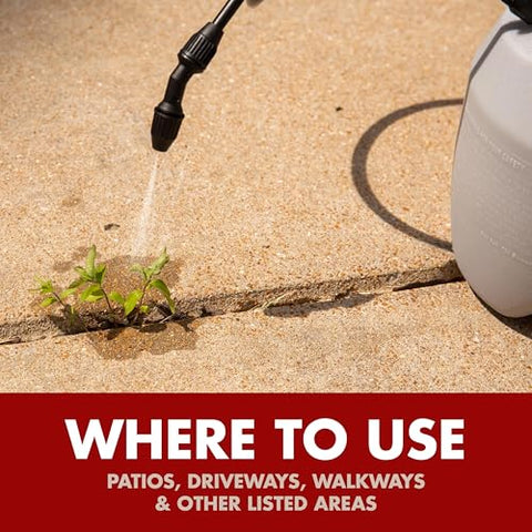 Spectracide Weed Killer Concentrate applied with a tank sprayer near a patio edge