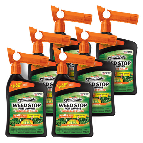 Spectracide Weed Stop bottle label shows broad weed control for resilient lawns.