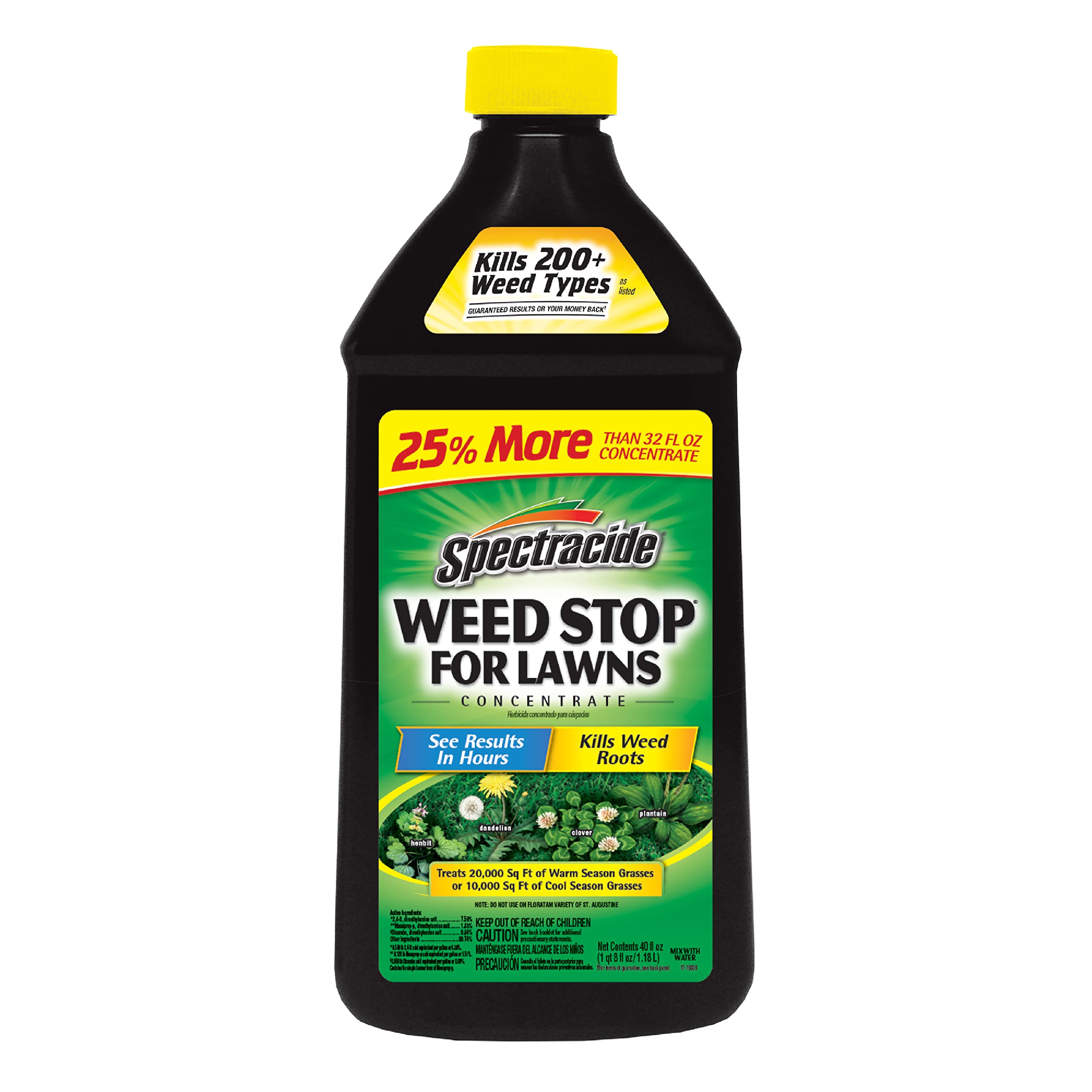 Spectracide Weed Stop bottle demonstrates root-level weed control for lawns.