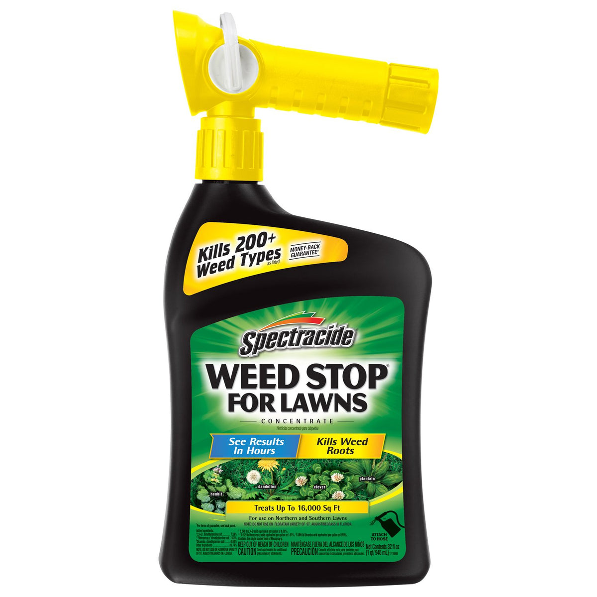 Spectracide Weed Stop for Lawns concentrate bottle ready for dilution to treat large lawns.