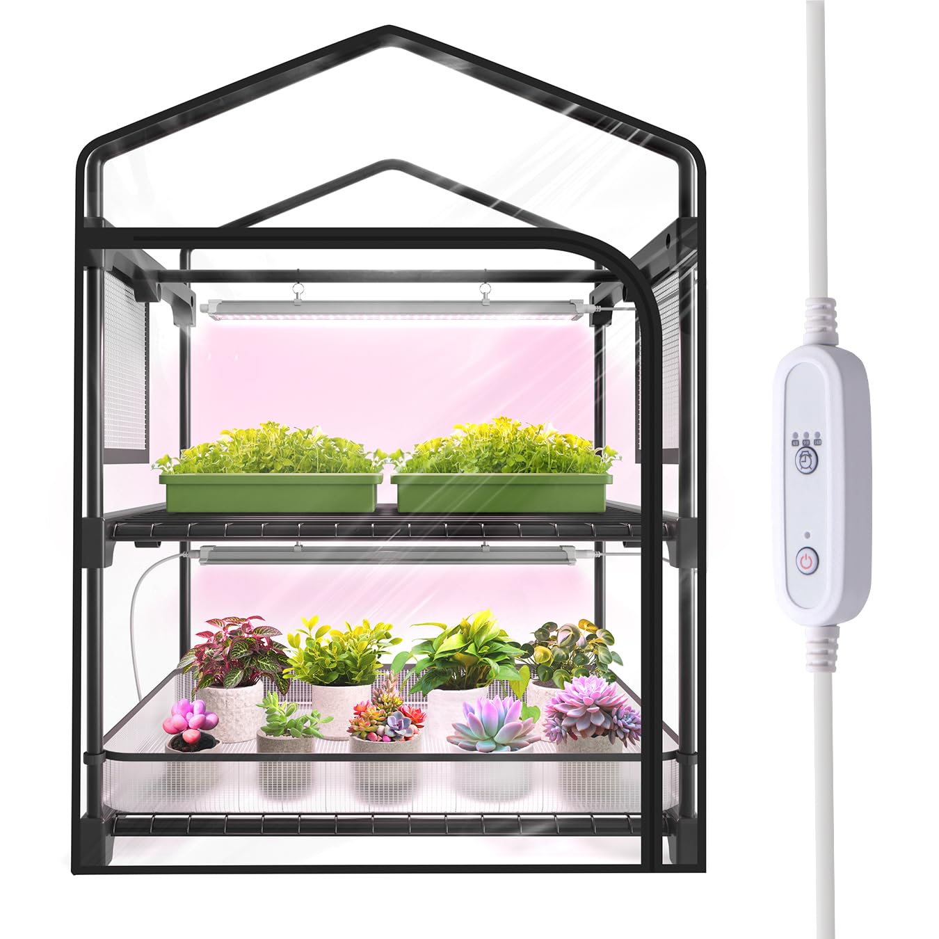 SpeePlant Mini Greenhouse assembled view with two-tier shelves for seedlings
