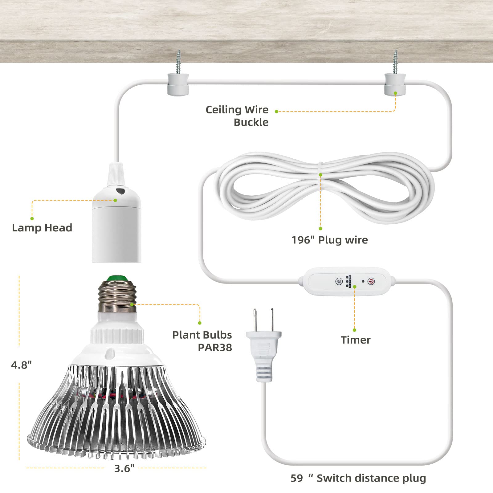 Package contents include bulb, 16.4 ft cord, and ceiling clips