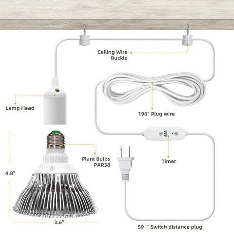 Package contents include bulb, 16.4 ft cord, and ceiling clips