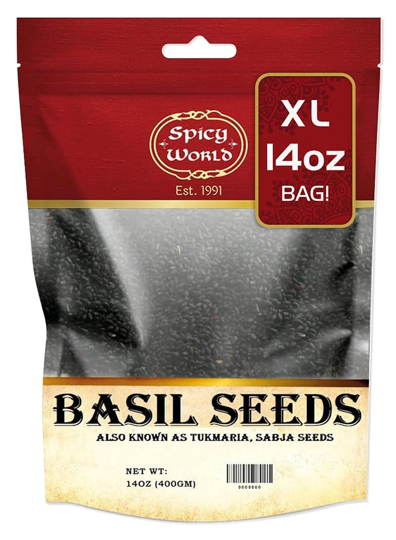 Spicy World basil seeds 14oz bag front with resealable closure for freshness.