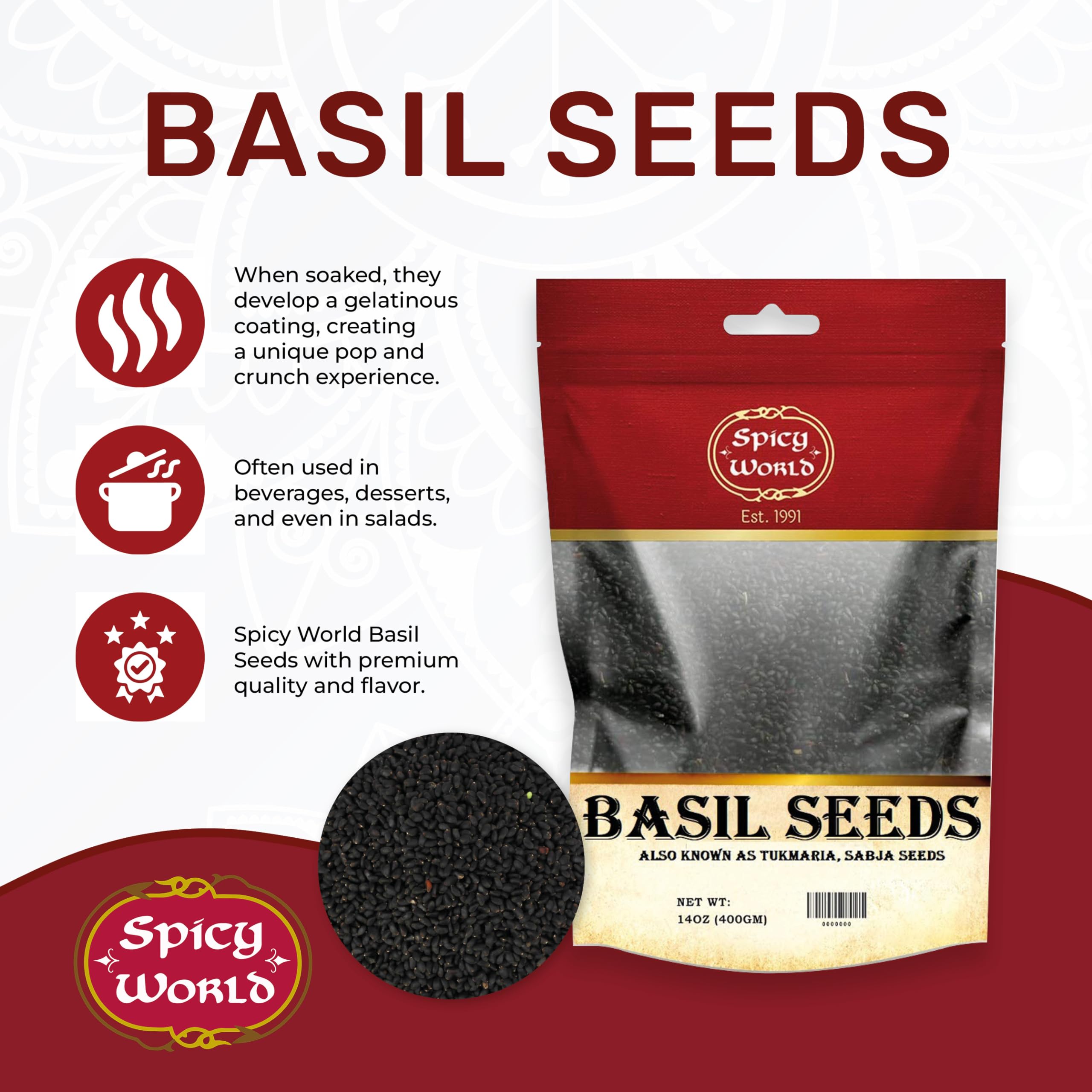 Spicy World basil seeds resealable bag for easy storage and use.