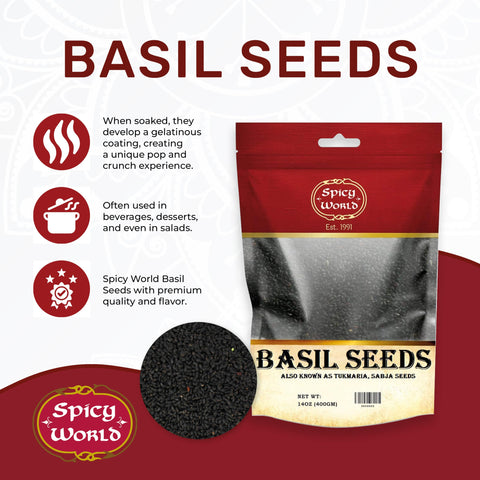 Spicy World basil seeds resealable bag for easy storage and use.