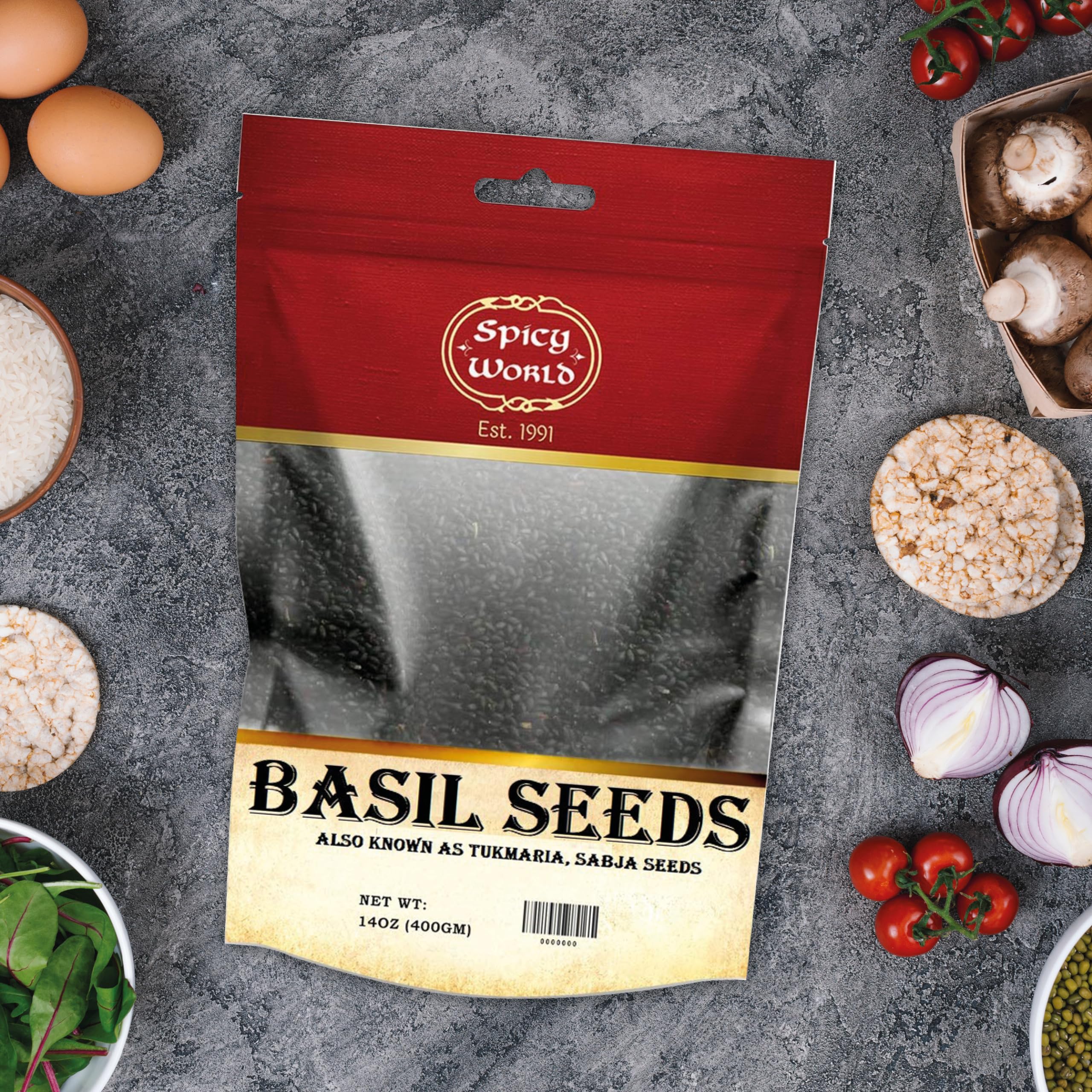 Product of India label on Spicy World basil seeds packaging.