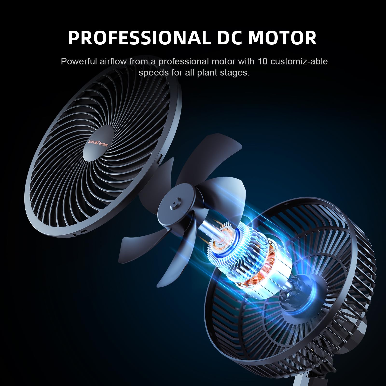 Spider Farmer 10-speed oscillation clip fan demonstrates precise wind coverage for plants.
