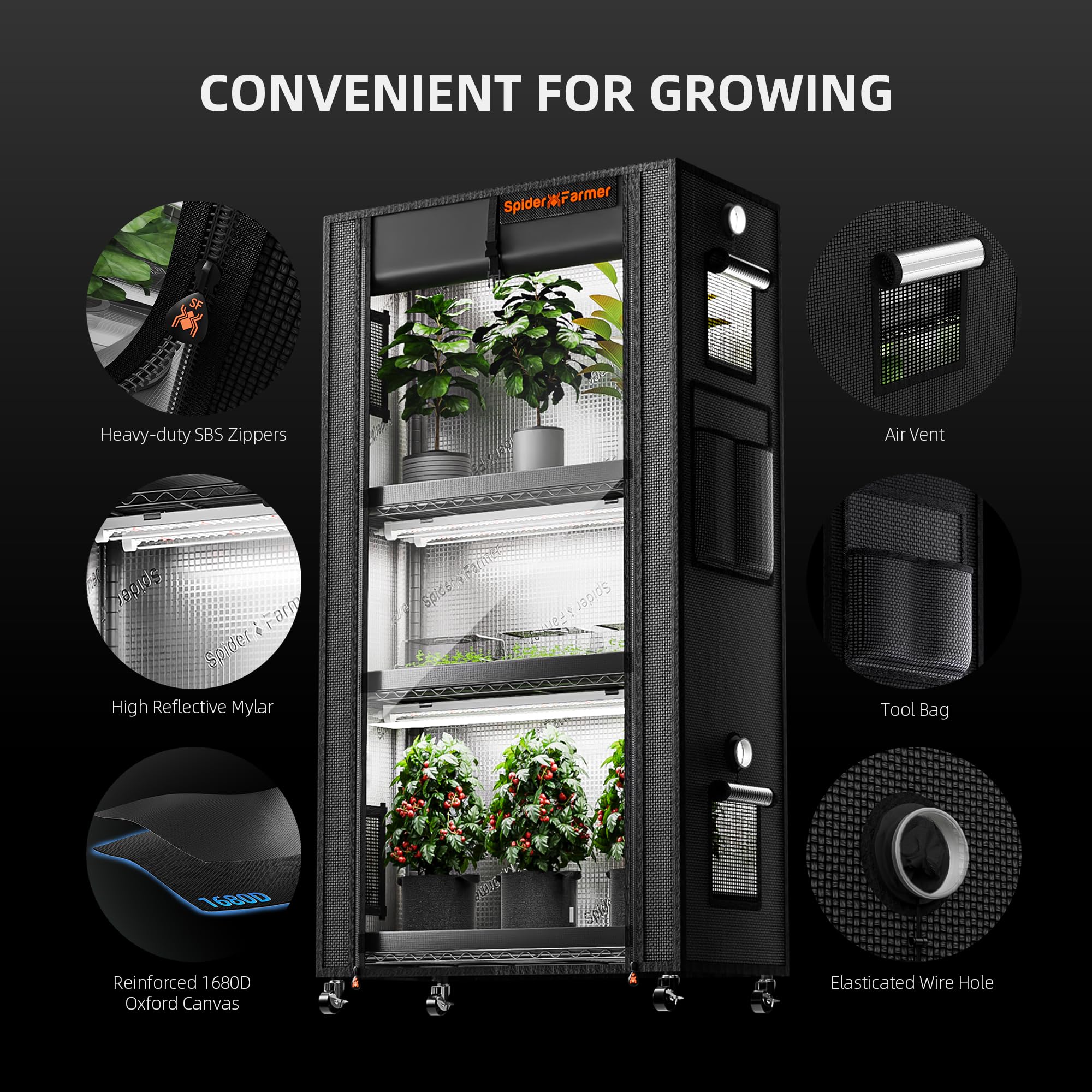 Spider Farmer 2025 adjustable shelves adapt to plant growth stages.