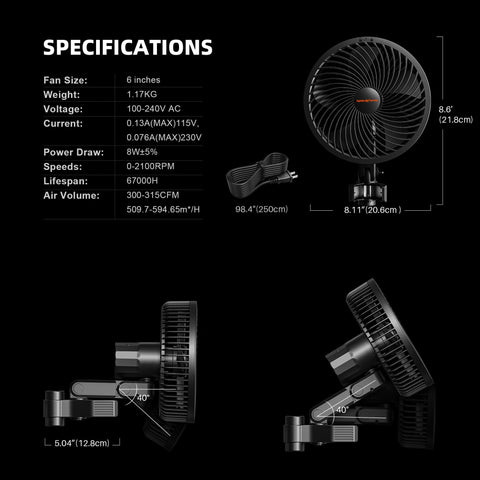 Spider Farmer 6-inch clip fan operates quietly for discreet use in rooms.