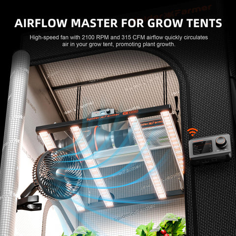 Spider Farmer 6-inch clip fan side view shows secure pole mounting capability.