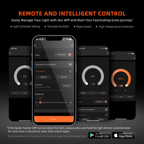 Spider Farmer G3000 app control screen indicating remote scheduling features.