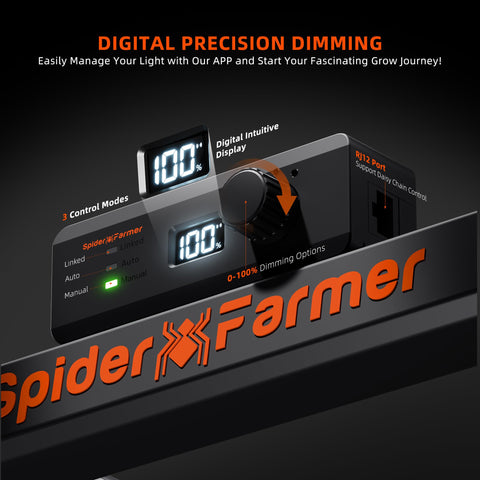 Spider Farmer G3000 digital display close‑up showing brightness control.