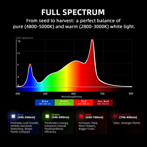 Spider Farmer G5000 full spectrum 660-665nm and 3200-5000K for all stages.