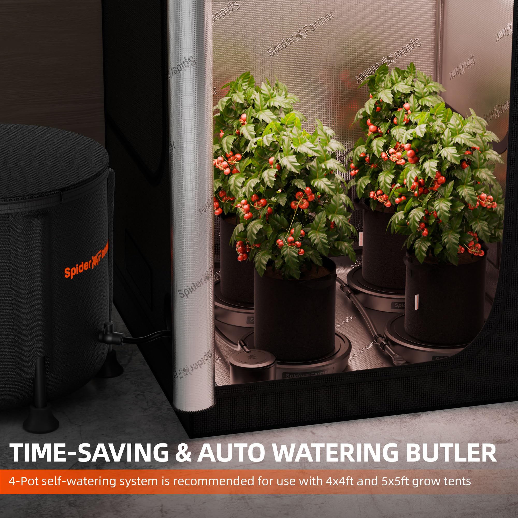 Spider Farmer gravity-fed system operates quietly without pumps for indoor use.