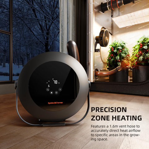 Spider Farmer grow tent heater displaying 10-level temperature and fan settings.