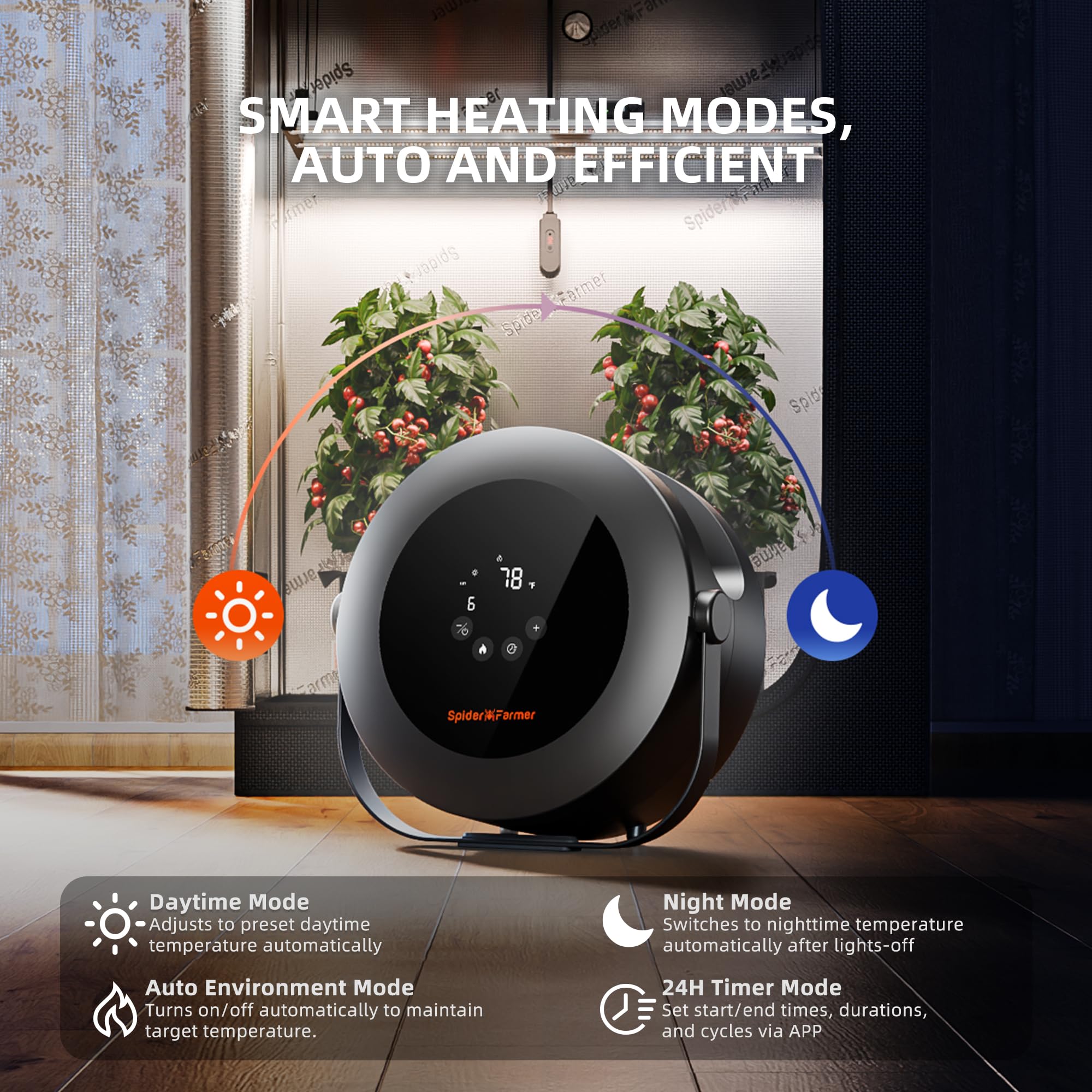 Spider Farmer heater controls showing easy temperature management for rooms.