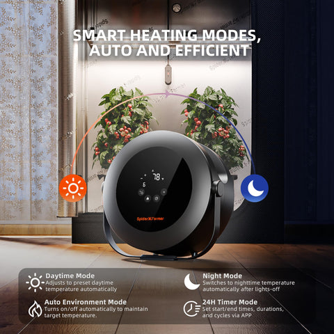 Spider Farmer heater controls showing easy temperature management for rooms.